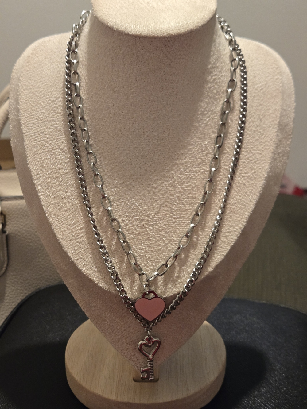 Silver-Tone Layered Necklace with Pink Heart and Key Charms
